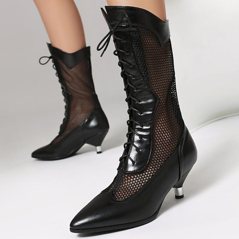 Pink Mid-calf Boots Women Low Heels Ladies Mesh Black 2025 New Summer Shoes Lace-up Long Party Dance Boots Breathable Spring