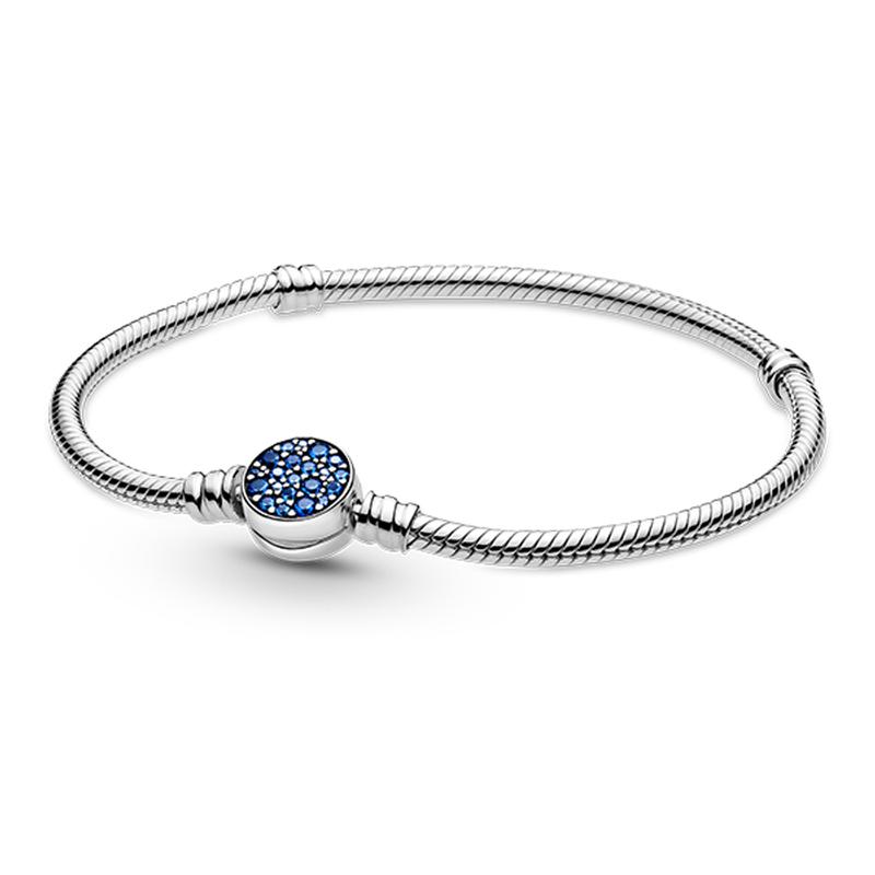 Pandora Shining blue button-shaped buckle snake bone chain 925 silver glass bracelet for women 599288C01