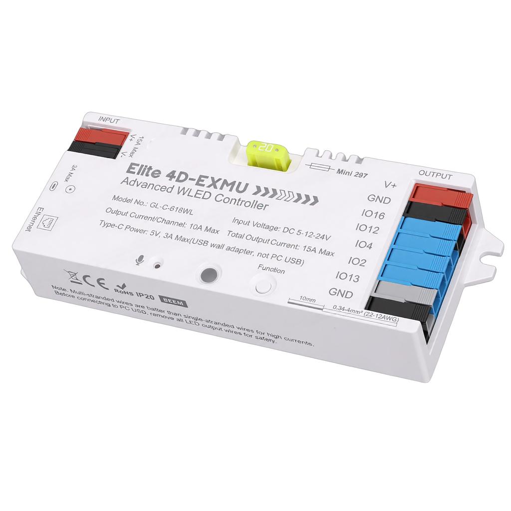 WLED LED Strip Light Controller 4 Output with Ethernet Microphone UART Energy Saving Relay 20A Pluggable Fuse Dynamic