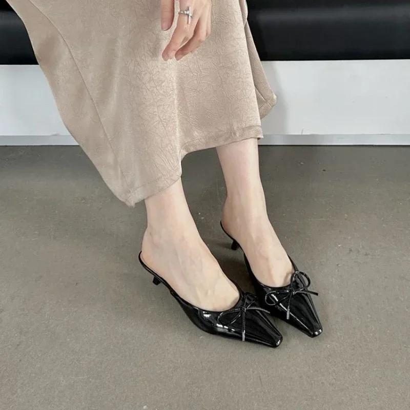 Fashion Butterfly-Knot Ladies Thin Heels Shoes Pointed Toe Pumps Slides Footwear Women Medium Heels Female Slippers Mules