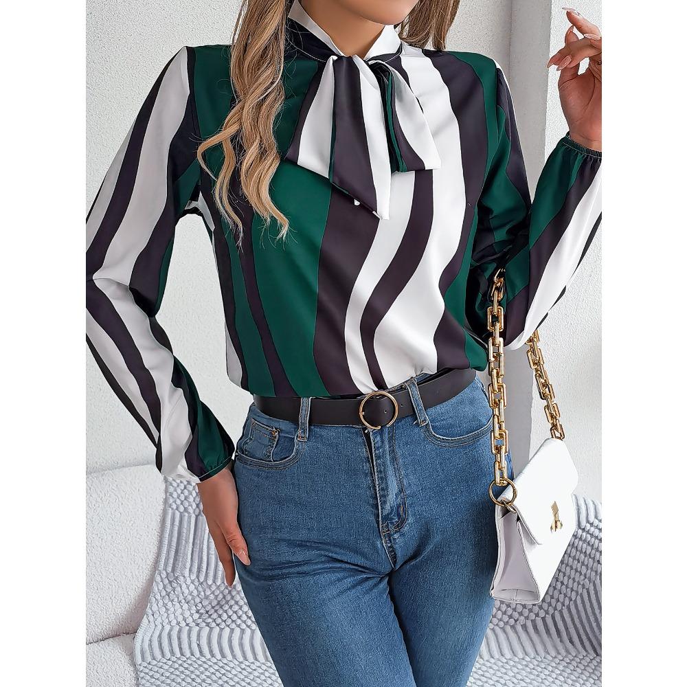 New Style Contrasting Color Striped Lace-up Lantern Sleeve Chiffon Top