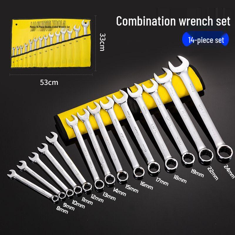 14-Piece Plum Blossom Open-End Double Wrench Set with Hanging Bag