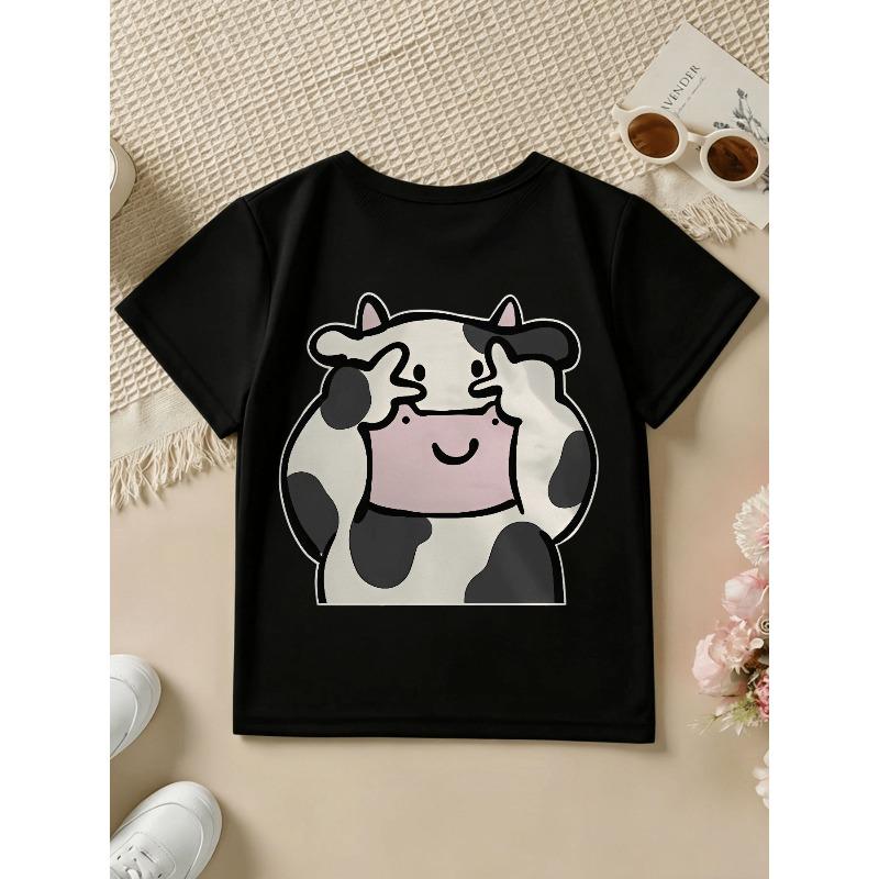 European Sizes Baby Boy Short-Sleeved Spring, Summer And Autumn Cartoon Cow Cute Face Peace Sign Print Casual T-Shirt