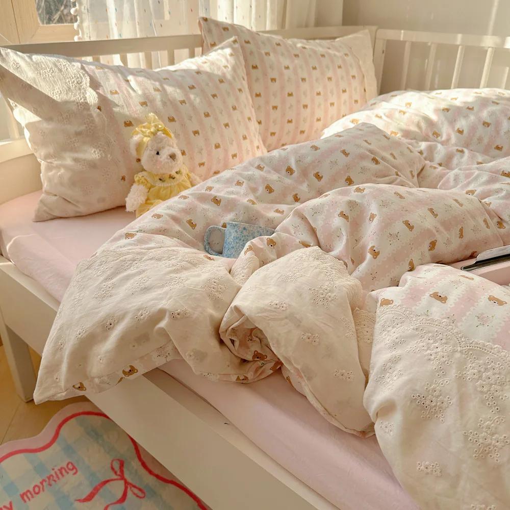 

French Super Soft Bedding Sets with Lace Skin-Friendly Washed Cotton Quilt Cover for Adults King Queen Bed Clothes for Spring 1.5m-200x230cm 4pcs