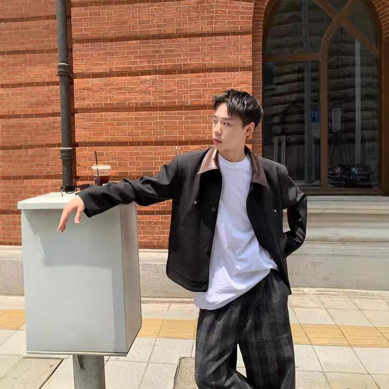 Korean Style Loose Short Turn Down Collar Leather Patch Jacket For Men
