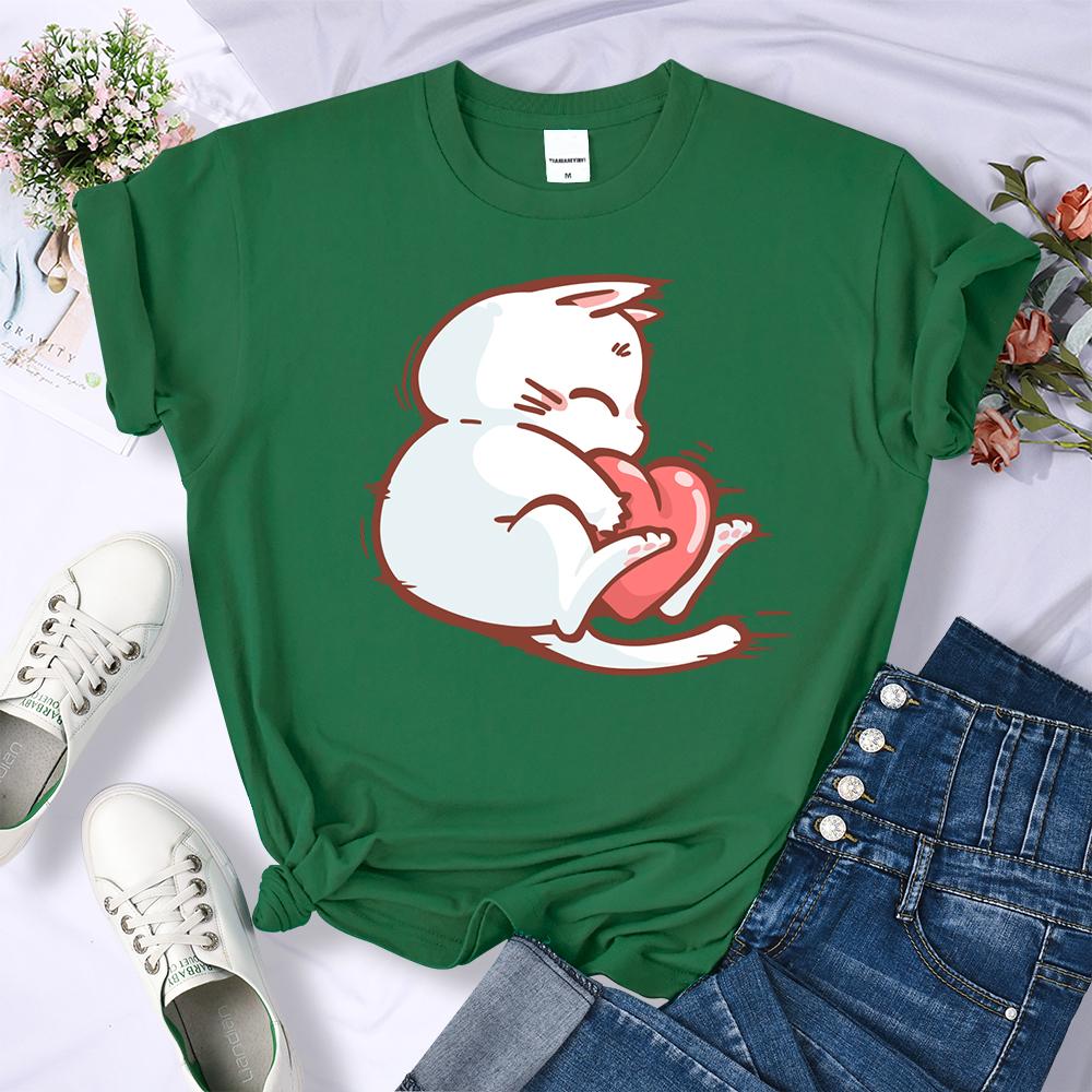 Embrace The Red Heart White Cat Summer 3D Printing Women T-Shirt Hip Hop Soft T Shirts All-Match Y2K Clothing O-Neck Casual Streetwear