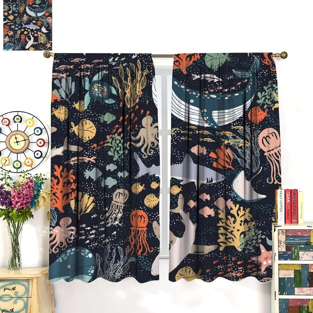 Kids Sea Animal Curtains Boys Girls Bedroom Nursery Decor Funny Turtle Whale Ocean Colorful Art Printed Window Drapes Curtain With Blackout Polyester
