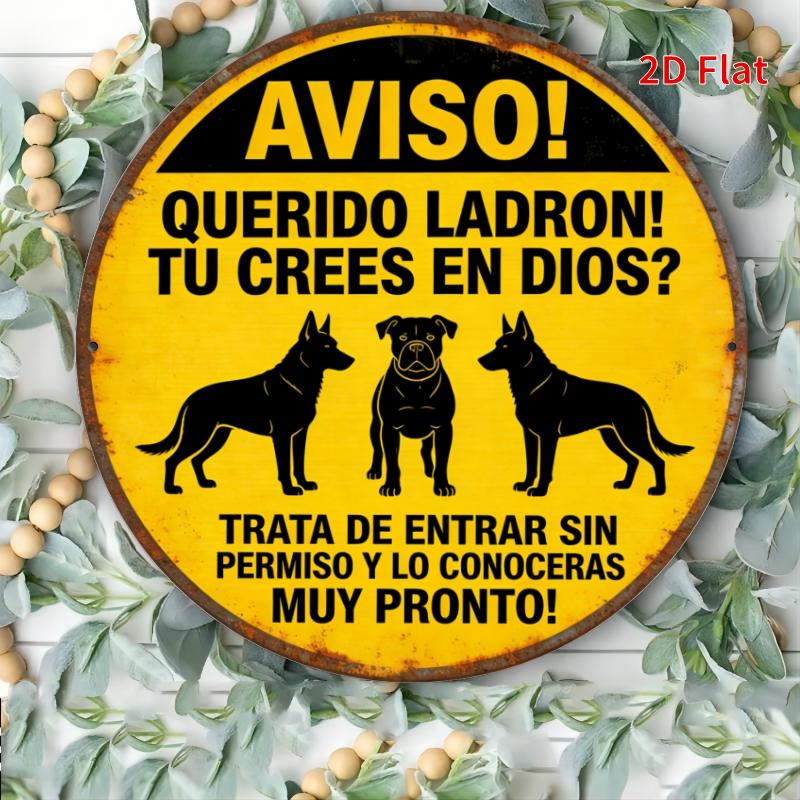 HD Tin Sign Spanish Beware Of Dogs Round Metal Wall Art Security Warning Decor