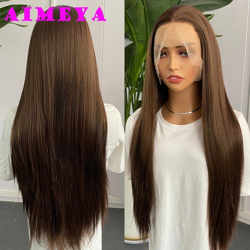 AIMEYA Mix Brown Lace Front Wig Long Silky Straight Synthetic Lace Hair Heat Resistant Natural Hairline Daily Use Cosplay Wigs