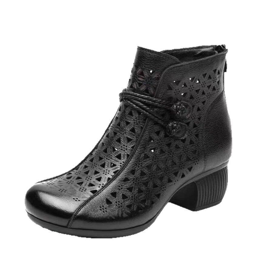 Letní měkké kožené duté krátké boty etnický vítr dírka měkká podrážka cool boty střední podpatek silný podpatek retro matka pohodlné sandály