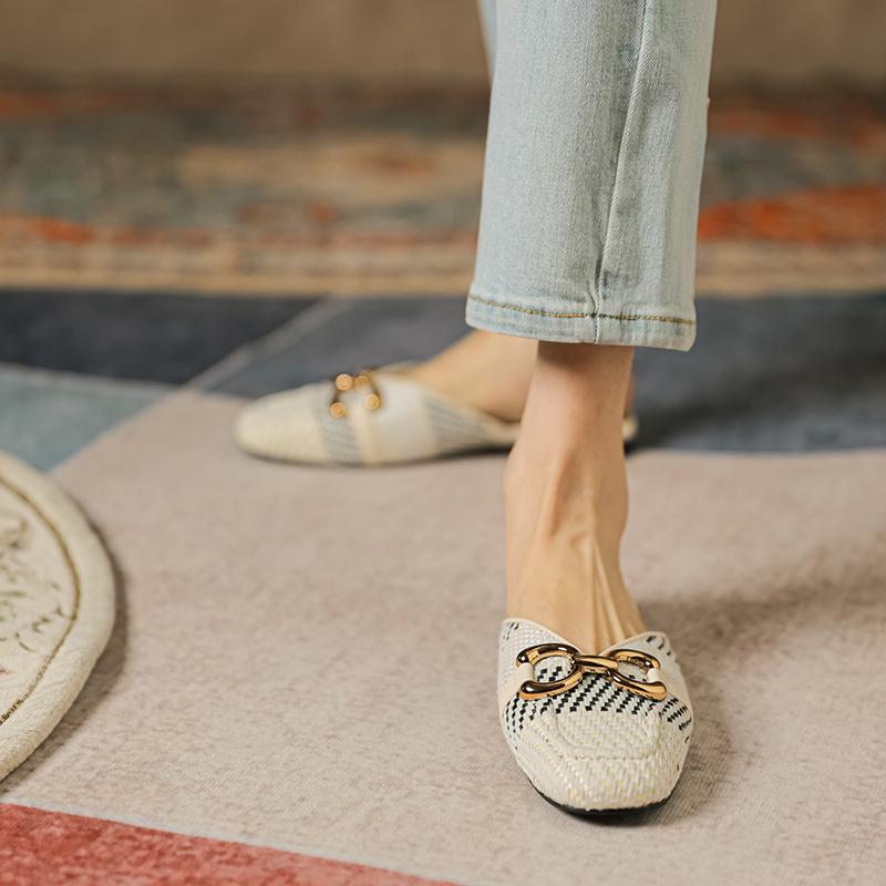 Fashion 2025 New Woven Fabric Mules Casual Summer Sandals Shoes for Women Toe Sandals Low Heel Slippers Shoes Women Metal Decoration