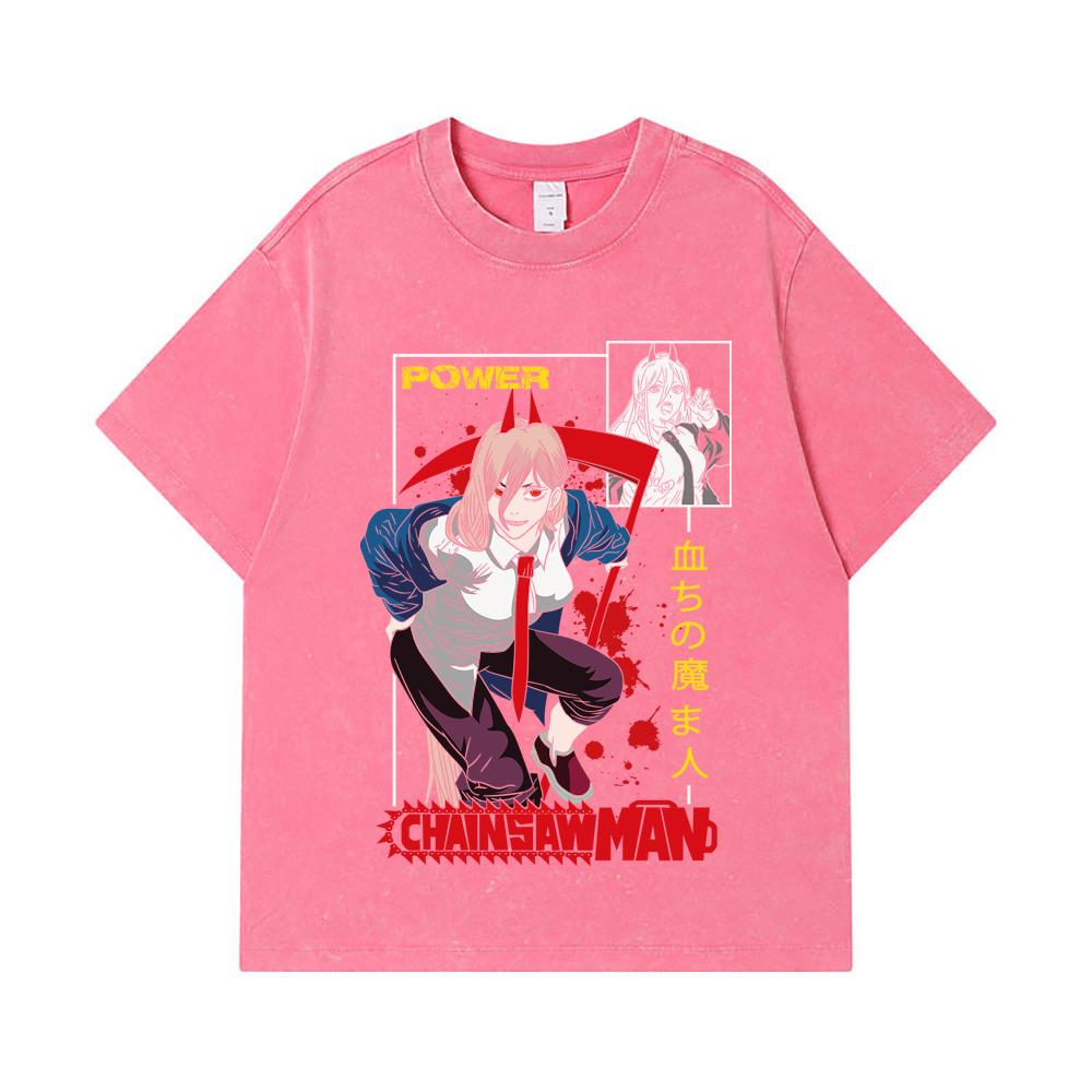 275 GSM Washed T-shirts 100% Cotton Chainsaw Man V40 Power Print Unisex Heavy Cotton T Shirt