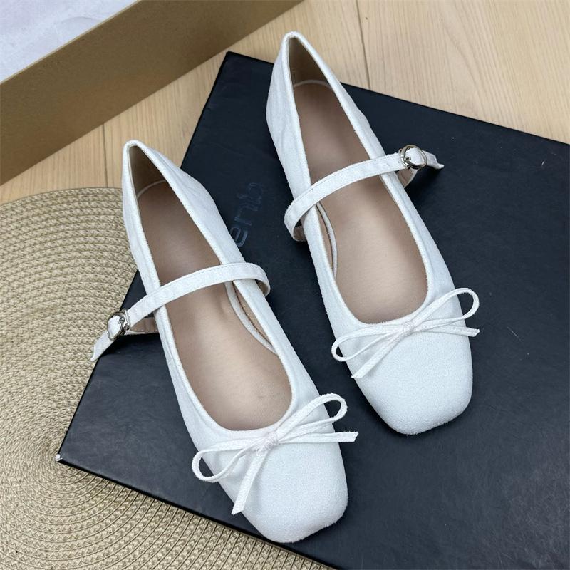 Fashion Flat Shoes for Women Suede Square Toe 2025 Spring and Autumn New Bow Flat Bottom Mary Jane Shoes Plus Size Women's Shoes 43 44