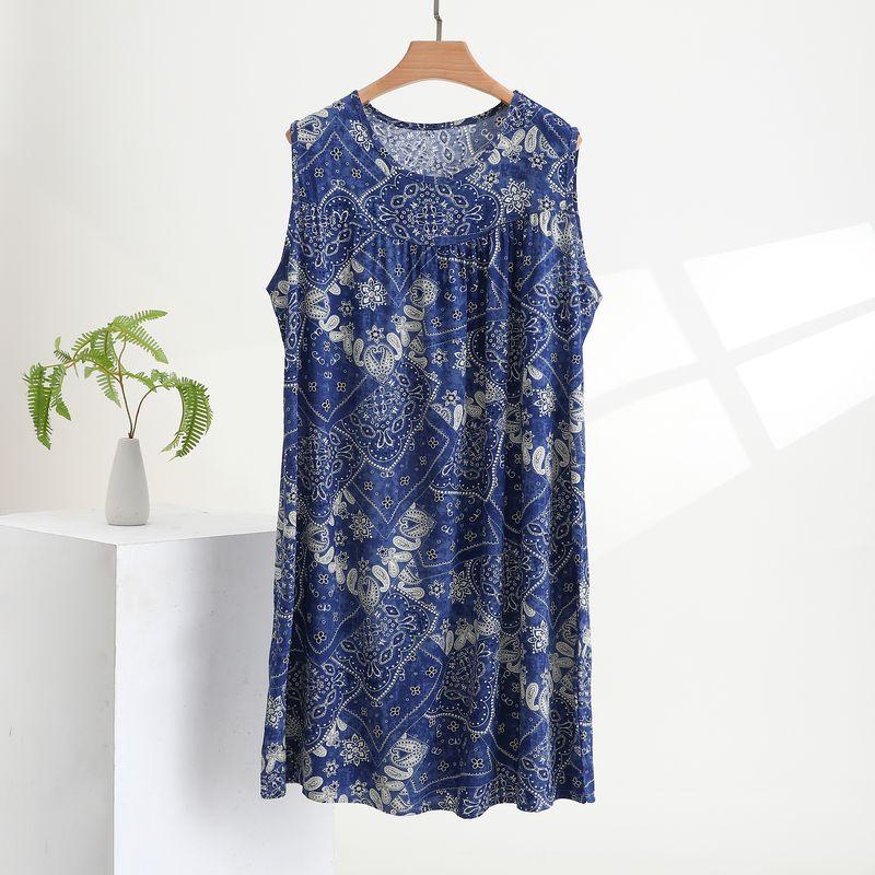 

Women s Cotton Silk Nightdress 2025 Summer Thin Plus Size Pajamas Home Skirt Fancy Sweet Student Sleeveless Dress Blue National Wind One size(45.00 kg-75.00 kg)