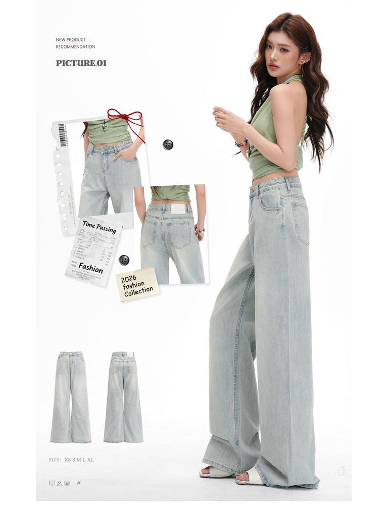 Women's Light Blue Retro Washed Denim Jeans, 2026 Spring/Summer, Loose Wide-Leg, Slimming Straight Pants