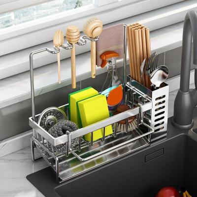 Kitchen Storage Rack with Chopstick Holder Large Capacity Strong Load-bearing Easy To Install Drain Rack Sponge Holder