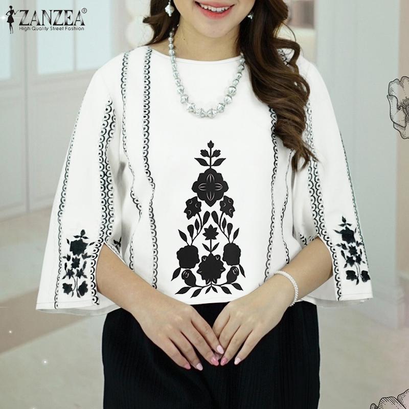 ZANZEA Chemisier ample à imprimé décontracté à col rond et manches 3/4 pour femmes