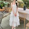 Women's Summer Chiffon Lace-Trim Spaghetti Strap Long Dress - Sweet, Waist-Cinching Style