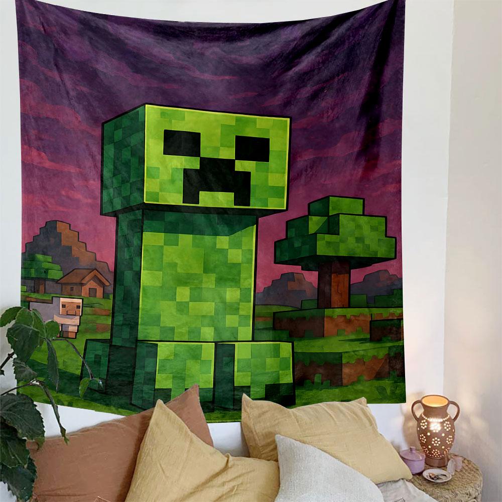 Pixelated Creeper in Minecraft World Patterned Tapestry Decorative Wall Hanging, Home Bedroom Living Room Decor