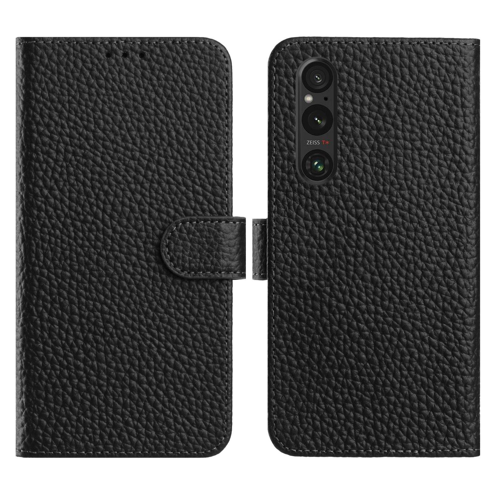 

For Sony Xperia 1 V Case Wallet Stand Litchi Texture Genuine Cow Leather Flip Phone Cover Black