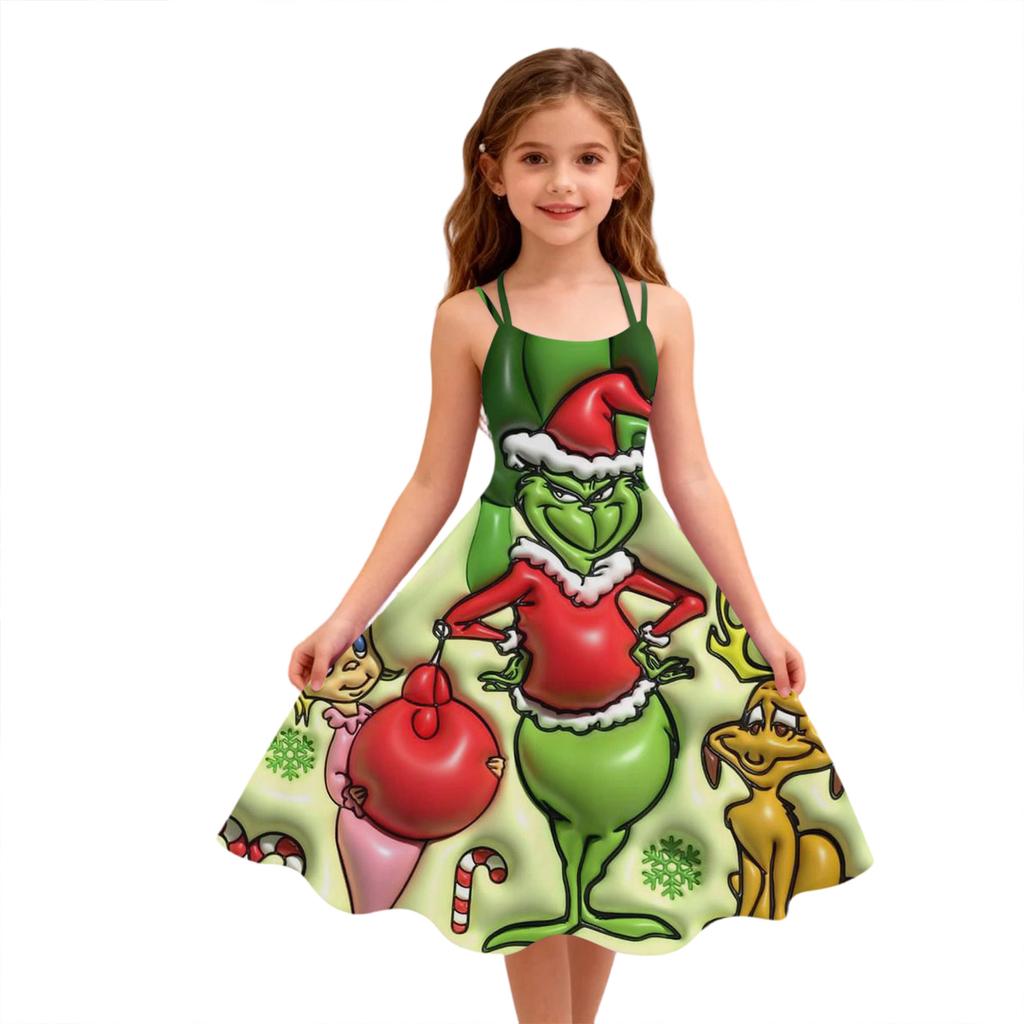 Children's Fashion Casual Christmas Print Off-Shoulder Punk Vintage Dress