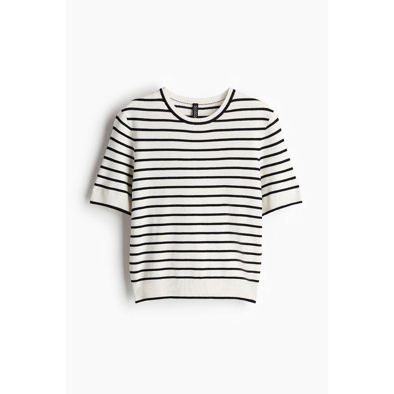

HM Women s Knitwear Autumn Soft Fine Knitted Women s Fashion Casual Short Sleeve 1232470 Cream/Stripes 155/76