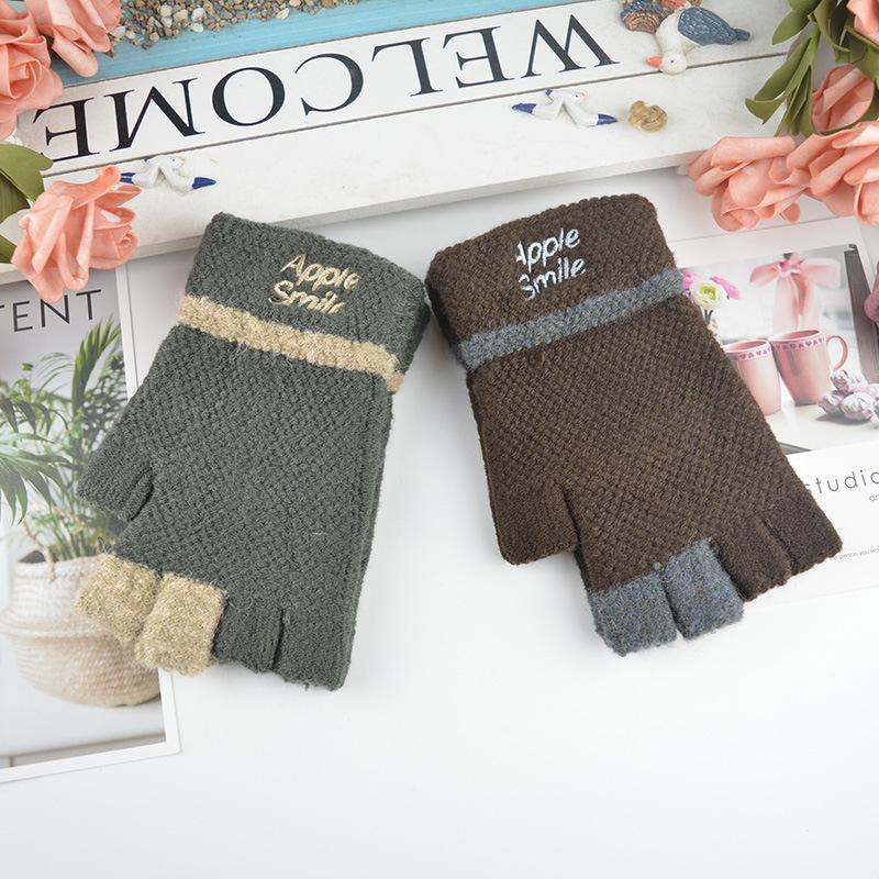 New Men's Half-finger Gloves Winter Student Jacquard Writing Outdoor Warm Wool Knitted Gloves