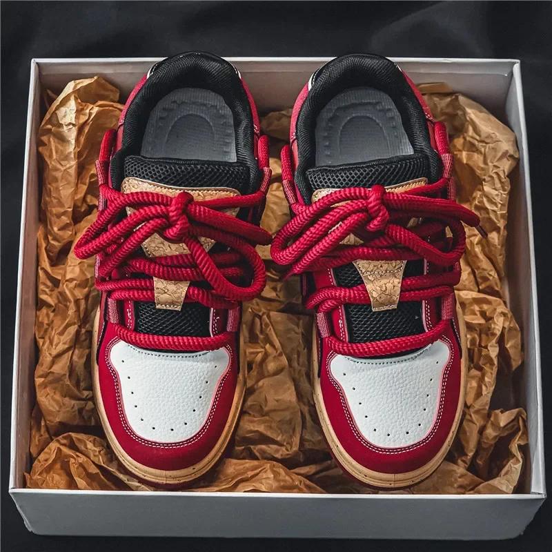 Men Shoes Spring New Design Wine Red Skateboard Shoes Fashion Trendy Casual Sneakers Lace Up Platform Vulcanized Shoes 2025
