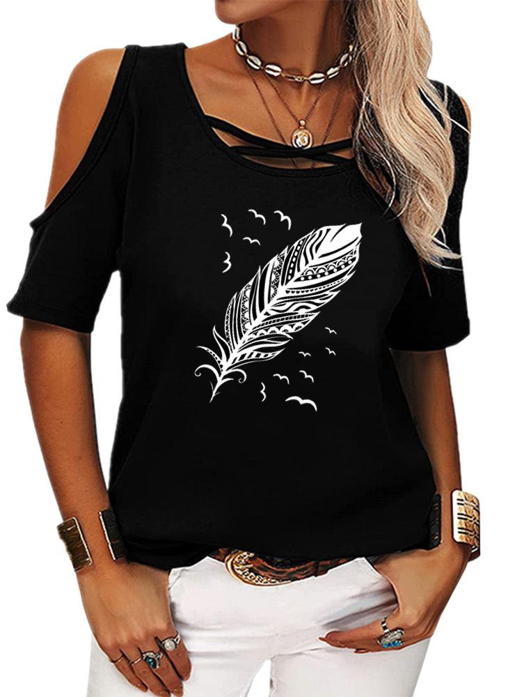 

Women Fashion Short Sleeve T-shirt Casual Round Collar Summer Print Off Shoulder Top 5Xl чорний