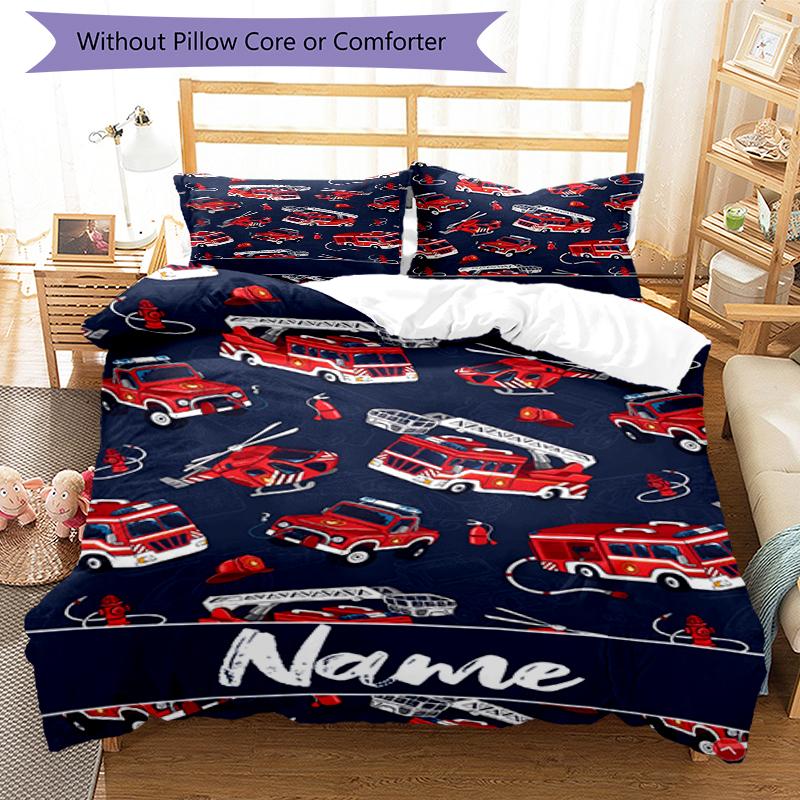3pcs Custom Name fire truck Bedding Set Duvet Cover Closure Includes 1 Duvet Cover & 2 Pillowcases, Soft and Comfortable for All Seasons.
