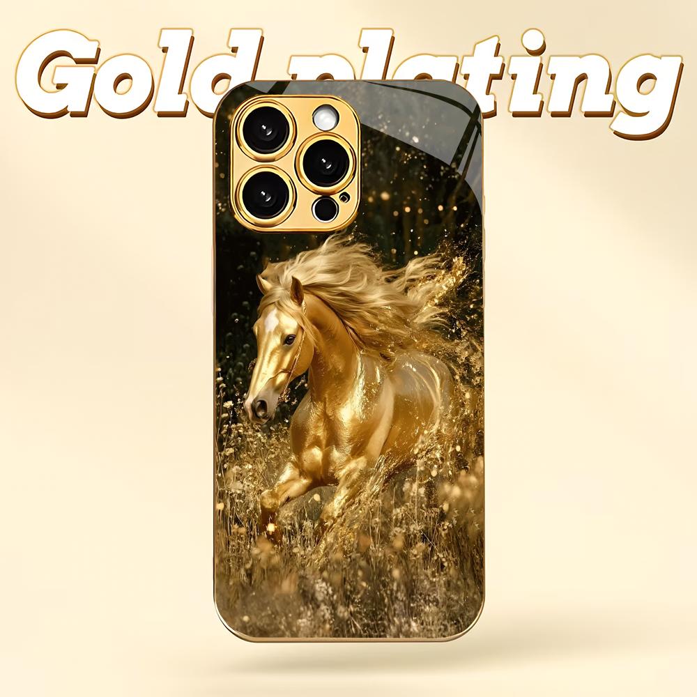 Horse Pattern Electroplated Gold Glass Phone Case Suitable for iPhone 17 16 15 14 13 12 11 Pro/Max/Plus Shockproof Back Cover