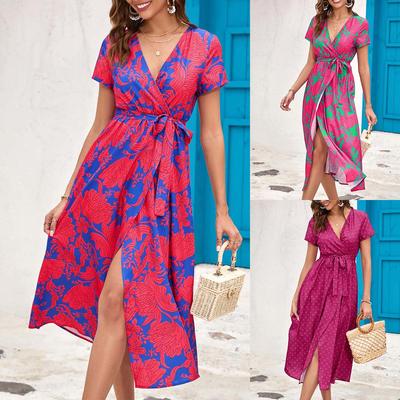 European & American Women's Summer 2024 V-Neck Print Slit Midi Dress Bestseller