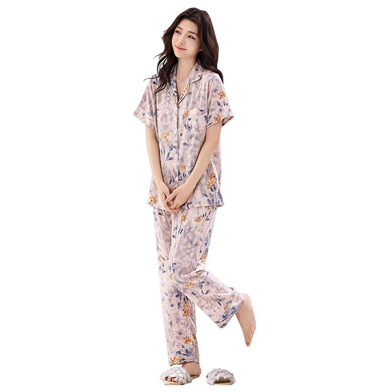 Spring and summer cotton and silk thin pajamas women's short-sleeved trousers set V-neck Korean version lapel button cardigan pajamas
