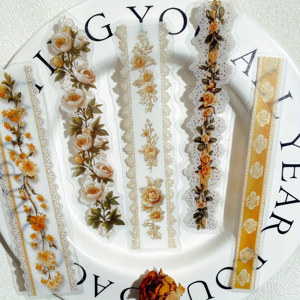 15 Pcs PET Flower Lace Strip Sticker DIY Hand Account Collage for Scrapbooking Junk Journal Decorative Stickers