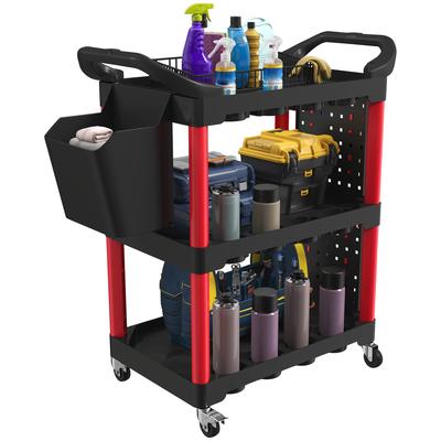 3-Tier Workshop Tool Cart with Perforated Panels, Hooks & Tool Bucket, Red