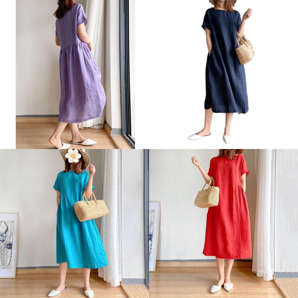 Luxurious Cotton Loose And Thin Dress For Women With Short Sleeves And Round Neck