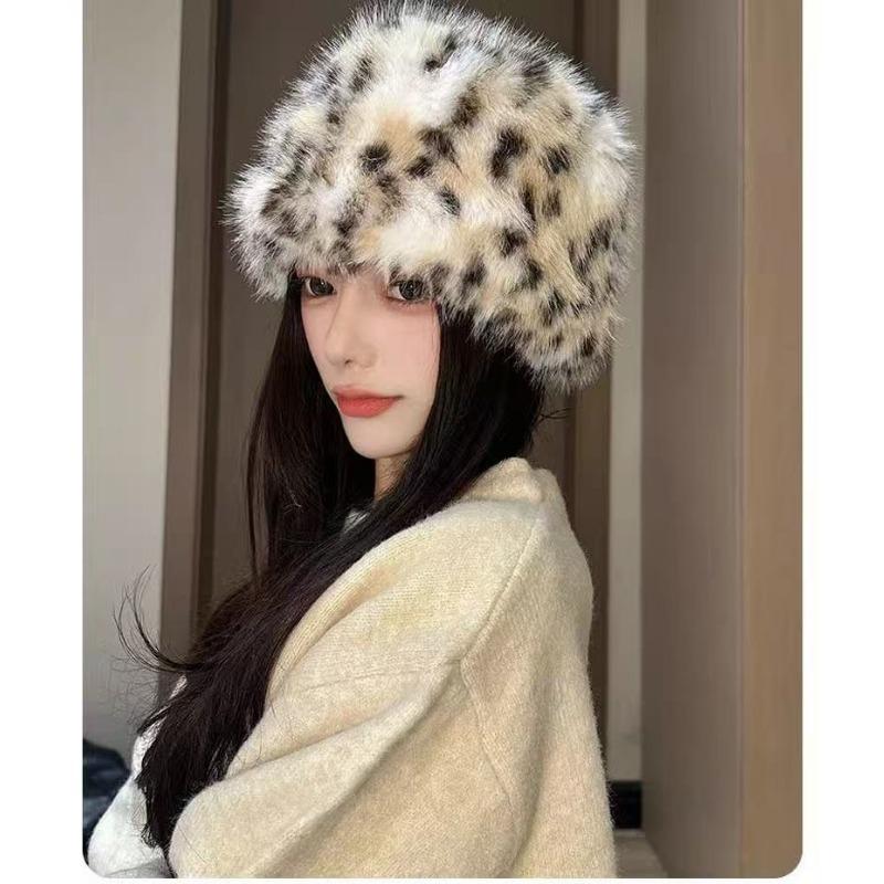 Korean Style Leopard Print Plush Bucket Hat Warm Winter Ear Protection Hat