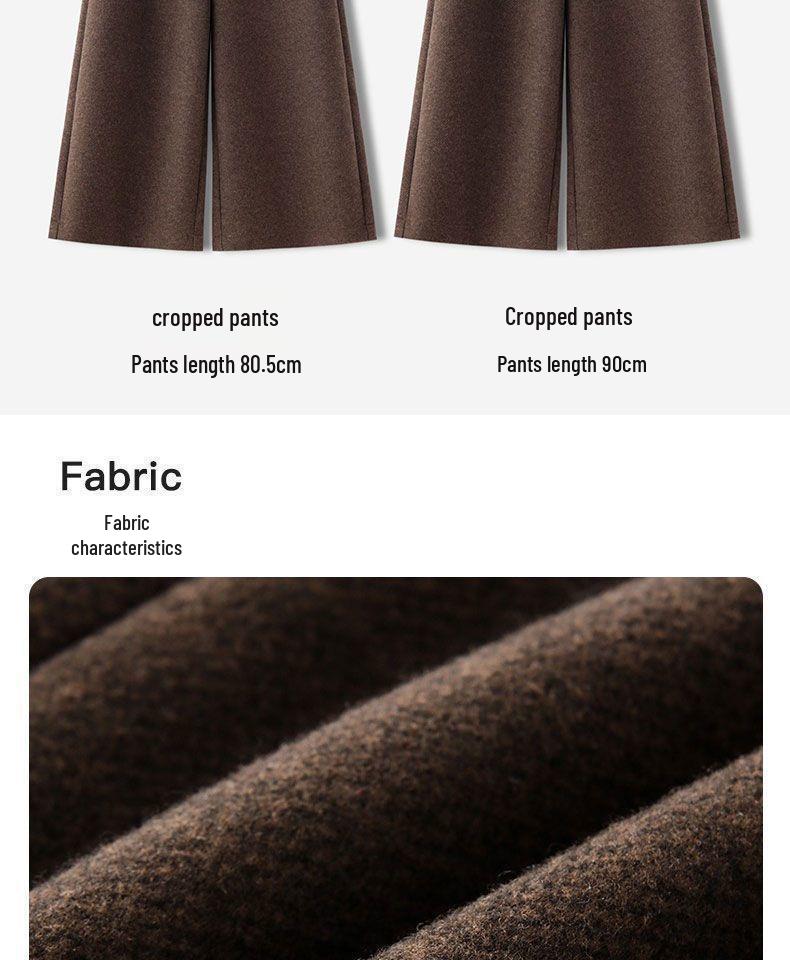 Coffee-Colored Fleece-Lined Wool Blend Wide-Leg Petite Pants - New Style, Thickened, Eight-Tenths Length, Cashmere Straight-Leg for Women.