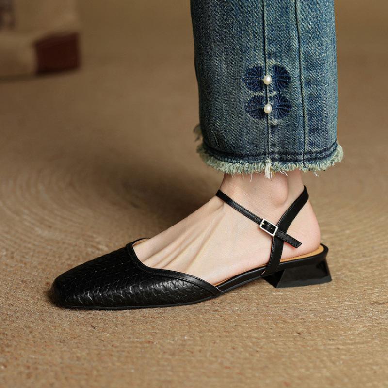 

Comfortable bag head back empty sandals summer flat sandals washed cowhide solid color beef tendon soft sole large size casual sandals 40 чёрный