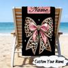 Custom Name Leopard Print Bow Microfiber Beach Towel Super Soft & Absorbent for Bath, Beach, Travel  Bath Time Accessory, Fan Gifts
