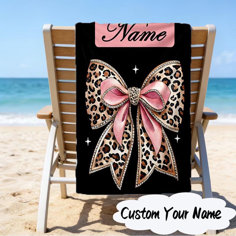 Custom Name Leopard Print Bow Microfiber Beach Towel Super Soft & Absorbent for Bath, Beach, Travel Bath Time Accessory, Fan Gifts