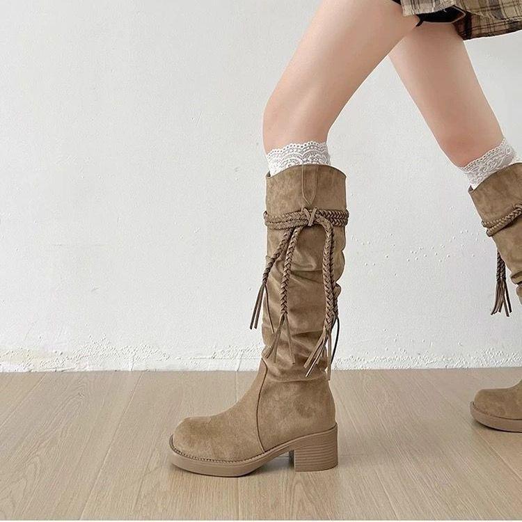 Women's Retro Post-Apocalyptic Western Tassel Boots – 2025 Autumn/Winter Long Slouchy Mid-Calf Style