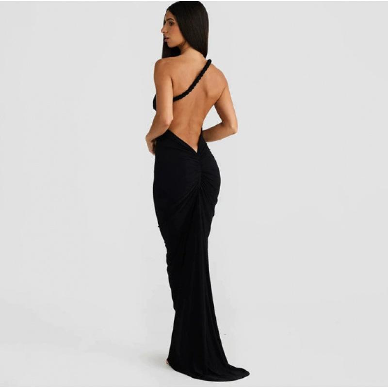 

Spring and Summer Women s Clothing Neck Big Halter Pleated Hip Wrap Long Dress Dress Dress Vacation Seaside Dress S чёрный