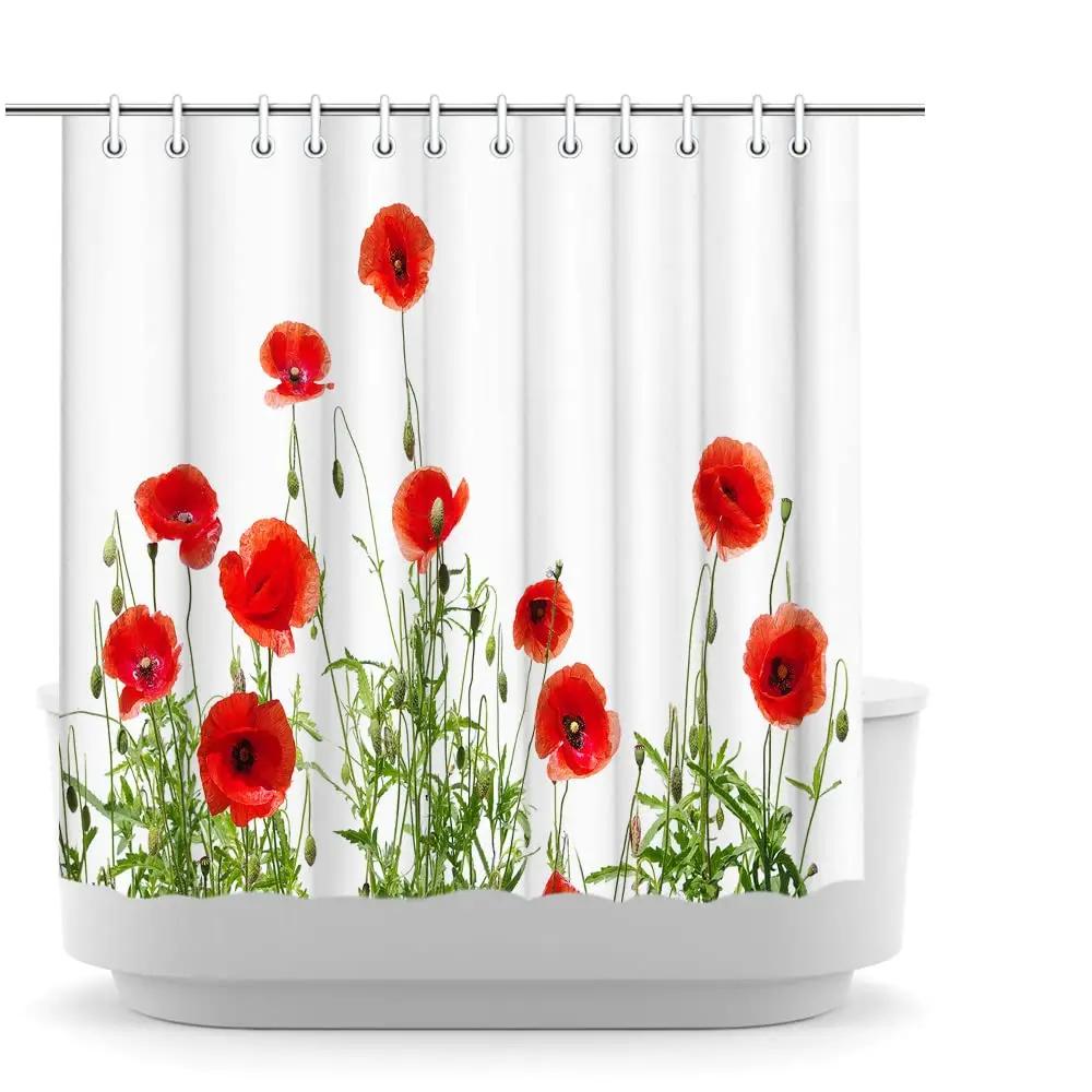 Шторка для душа  Мак  Красный Цветок Душевые занавески для Ванной Комнаты Ботанический Цветочный Занавеска для Ванной Домашний Декор с Крючками W90xH180cm(35x70 in)