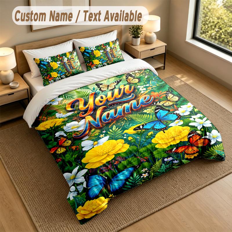 Butterfly Theme Personalized 3Pcs Bedding Set Custom Text & Name 1 Sheet 2 Pillowcases Household Bedding 1pc
