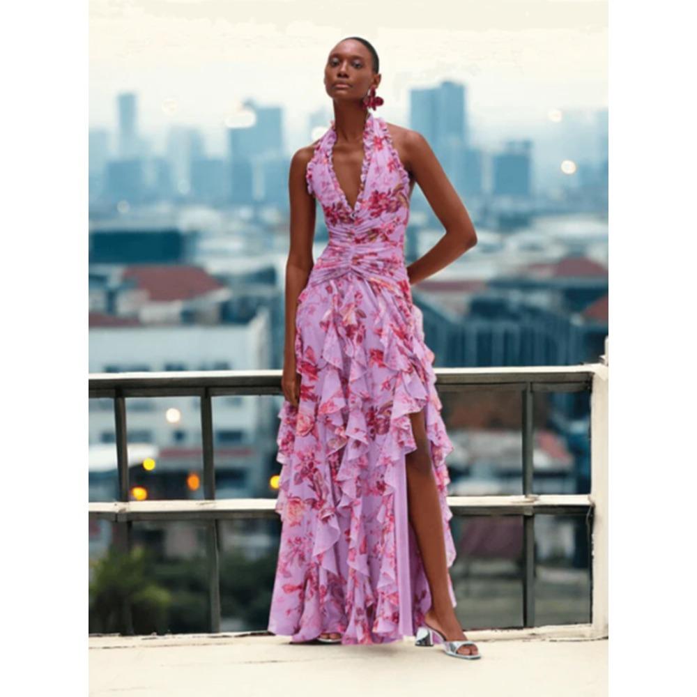 Autumn Women s Clothing Gentle Style Fashion Printed Pleated Waist Dress S розовый