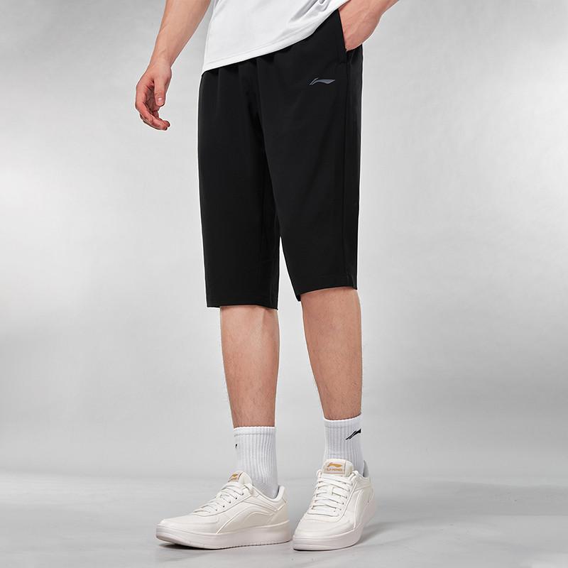 Li-Ning Solid Color Mid-Rise Comfortable Versatile Breathable Three-Quarter Casual Pants Men Bottoms Black AKQU429-1