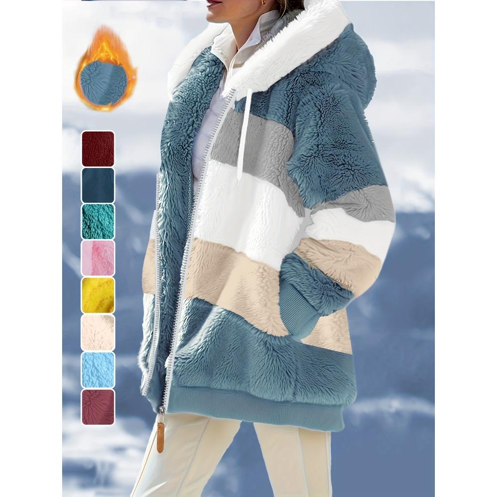 Damen Mehrfarbiger Flauschiger Kapuzenmantel, Lockere Warme Plüschjacke für Herbst Winter