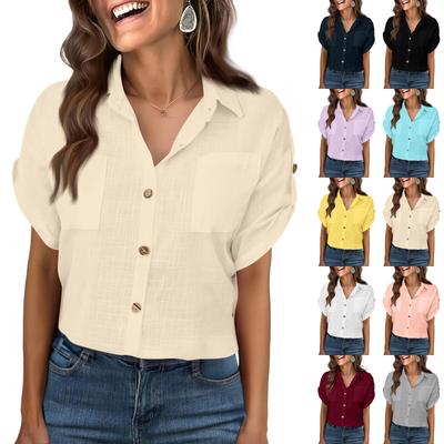 Women's Fashion Casual -Colour Short-Sleeved Buttoned Pocket Cardigan T-Shirt Top