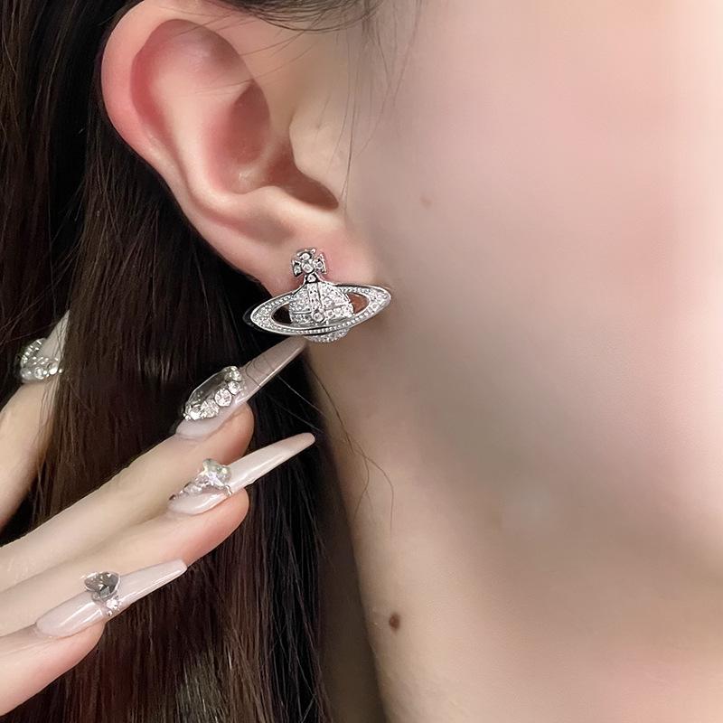 Saturn Full Diamond Zircon Stud Earrings Simple Niche Design Earrings Planet High Sense Personalized Earrings